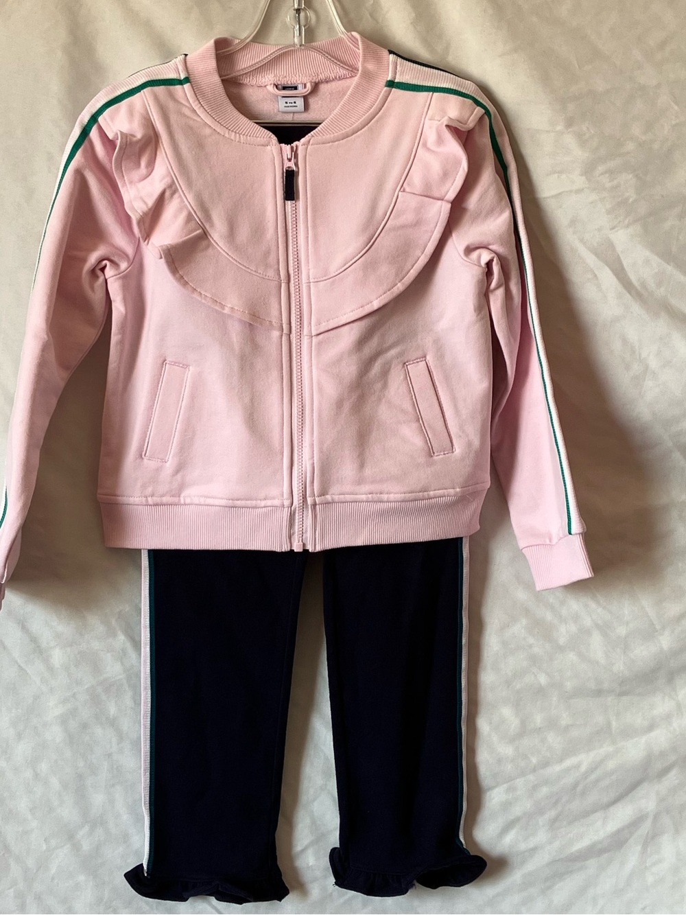 NWT Janie and Jack Girls Pink Ruffle Track Jacket & Navy Leggings Set Size 5–6.